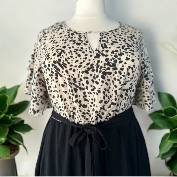 NWT!Leopard Print Black Skirt Belt Pocket Ruffle Sleeve Dress Size 28 or 5X - Picture 3 of 7